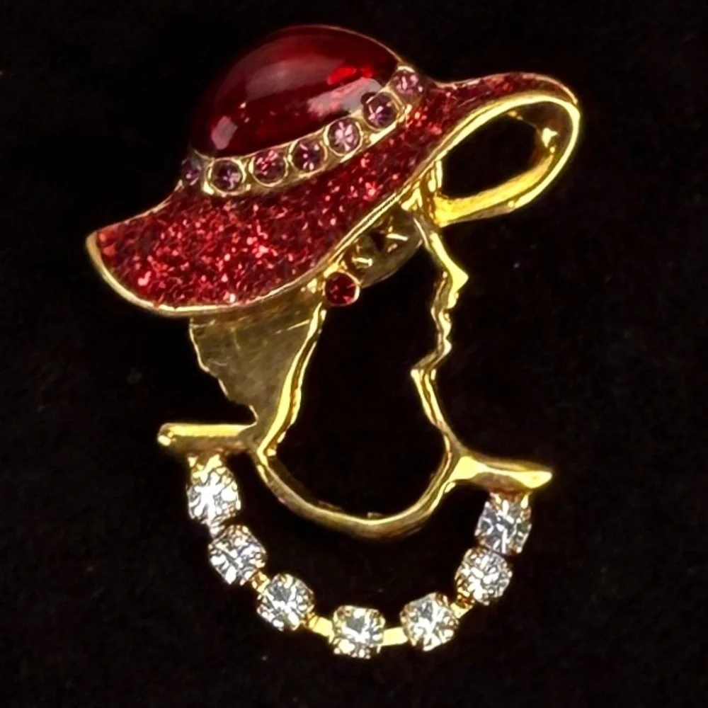 Vintage, goldtone, red bling, lady, in hat, brooch pin